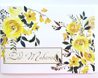 Floral Eid Mubarak Card - Yellow & Emerald Green, Handmade