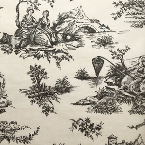 May include: Black and white toile pattern featuring a pastoral scene with two women sitting on a rock, a bridge over a stream, and a fisherman with a net. The pattern is repeated throughout the design.