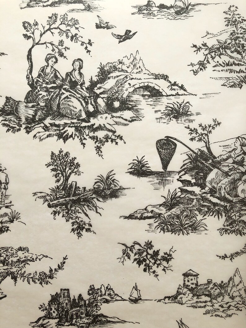 May include: Black and white toile pattern featuring a pastoral scene with two women sitting on a rock, a bridge over a stream, and a fisherman with a net. The pattern is repeated throughout the design.
