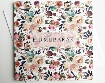 Luksusowa kartka z okazji Eid Mubarak | Kwiatowa kwadratowa kartka z życzeniami i koperta