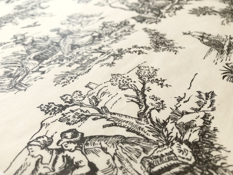 May include: Black and white line drawing of a forest scene with trees, bushes, and figures. The drawing is on a white background.