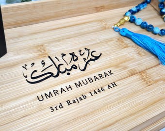 Bandeja de bambú personalizada para Hajj/Umrah Mubarak, regalo islámico grabado