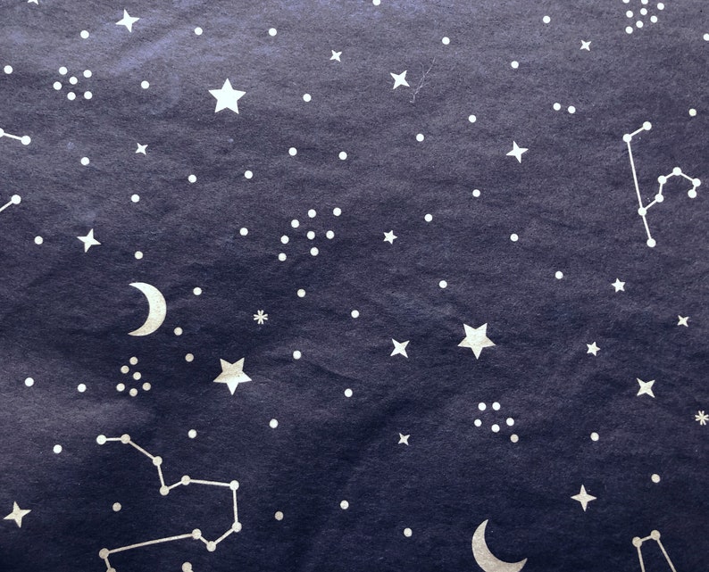 May include: A dark blue background with a white crescent moon and stars, including a constellation of stars.