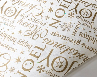 Papel de seda navideño de lujo - Blanco roto y lentejuelas doradas (5 hojas)