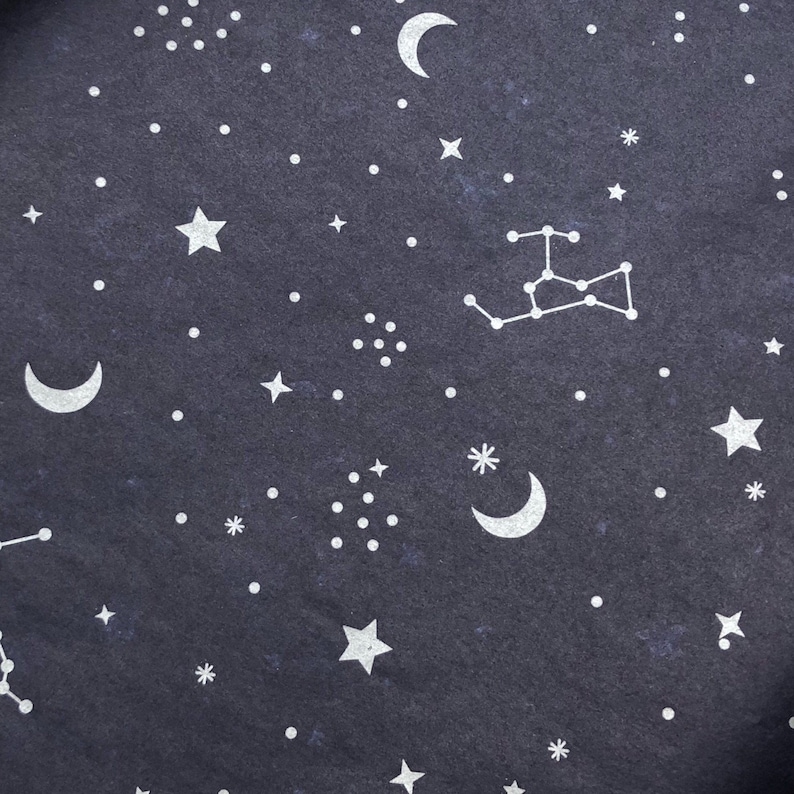 May include: A dark blue fabric with a white constellation pattern. The pattern includes stars, crescent moons, and a constellation of stars.