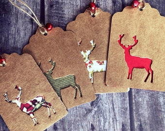 Handmade Kraft Christmas Gift Tags, Rustic Stag Design, Bell Accent