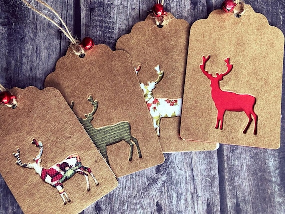 Handmade Kraft Christmas Gift Tags, Rustic Stag Design, Bell Accent