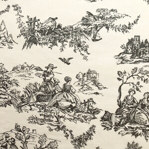 May include: Black and white toile pattern featuring a repeating design of people, animals, and buildings. The pattern is on a white background.