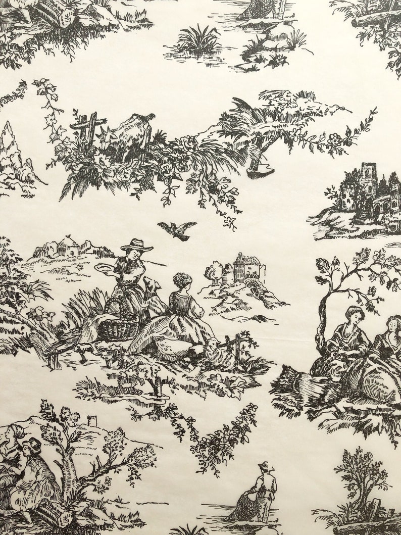 May include: Black and white toile pattern featuring a repeating design of people, animals, and buildings. The pattern is on a white background.