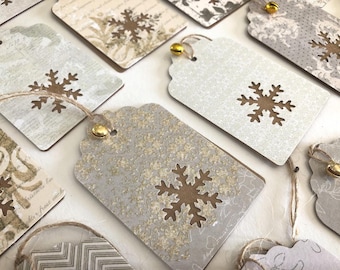 Handmade Snowflake Christmas Gift Tags, Gold Glitter Accents