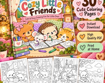 Cozy Little Friends Animal Coloring Book, 30 Pages, Kawaii Scenes (Digital Download)