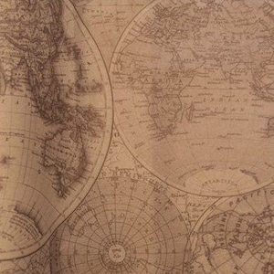May include: A vintage-style fabric with a repeating pattern of world maps in brown on a beige background.