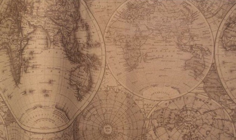 May include: A vintage-style fabric with a repeating pattern of world maps in brown on a beige background.