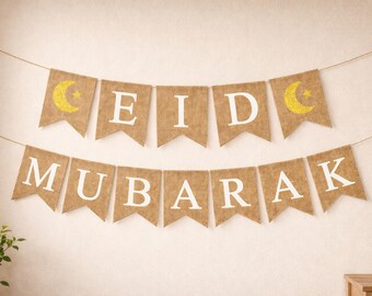 EID MUBARAK Burlap Banner, Gold Moon Accents, Islamic Decoration