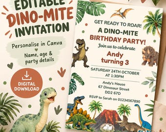 Dinosaur Birthday Invitation Template, Editable Kids Party Invite, Dino-Mite Birthday, Instant Download, Editable Dinosaur Party Invitation