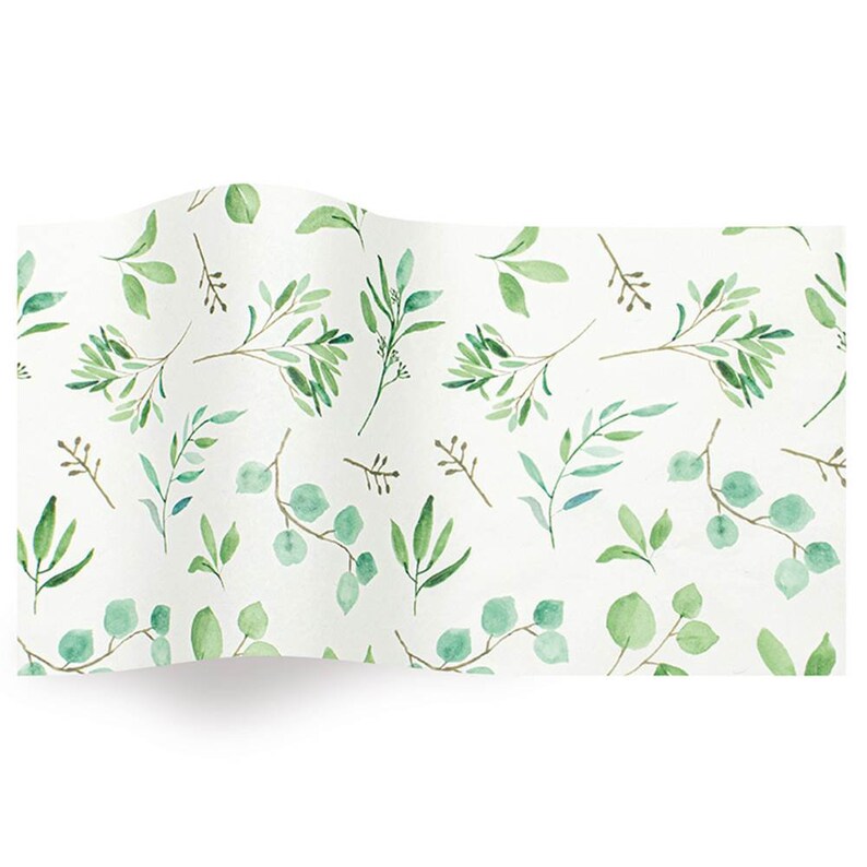 May include: White paper with a watercolor pattern of green leaves and branches. The leaves vary in shape and size, with shades of green and blue-green. The design is repeated across the paper.