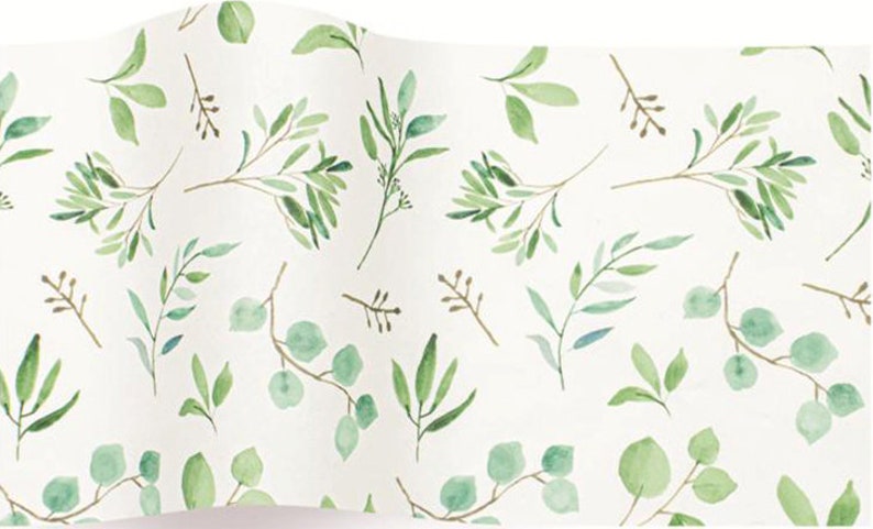 May include: Watercolor pattern featuring green leaves and sprigs on a white background. The design includes various leaf shapes and sizes, creating a natural and botanical theme. The leaves are painted in shades of green.