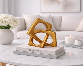 Geometric Knot Sculpture, Golden Abstract Ornament, Modern Desk Decor (15.5cm x 14cm)