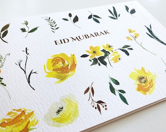 Żółta kwiatowa kartka na Eid Mubarak, ręcznie robiona, format A5 z życzeniami