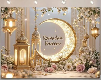 May include: A Ramadan-themed backdrop with a golden crescent moon and decorative lanterns. The backdrop features the text "Ramadan Kareem" and is decorated with white and pink flowers. The color palette is predominantly gold and cream.