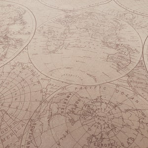 May include: A vintage-style world map printed on a beige background. The map features multiple circular maps of the world, including a polar projection map.