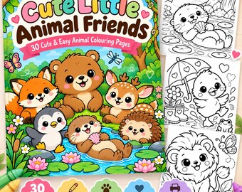 Little Animal Friends Coloring Book, 30 Pages, Kawaii Scenes (Digital Download)