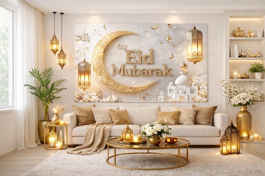Golden Crescent Moon Lantern Eid Mubarak Backdrop, Elegant Ramadan ...