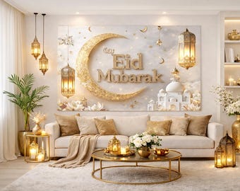 Golden Crescent Moon Lantern Eid Mubarak Backdrop, Elegant Ramadan Decor Banner