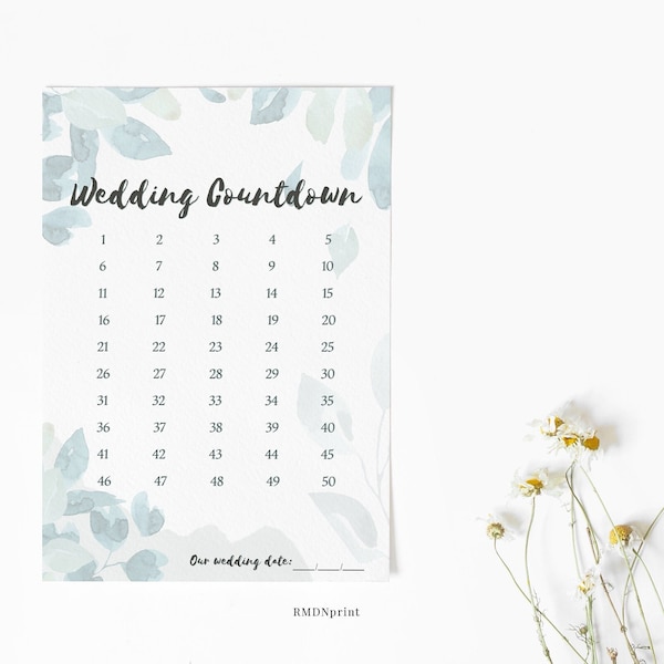 Wedding Countdown Calendar Printable Sign, 50 days until I do Nikah Nikkah Marriage Hochzeit Planner Kalender Poster Eucalyptus Download