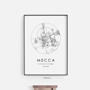 Impressão redondo do cartaz das coordenadas da Arábia Saudita do mapa da cidade da Meca. Ideia de presente para Hadj Hajj Umrah. Arte de parede para impressão em árabe islâmico para decoração de casa