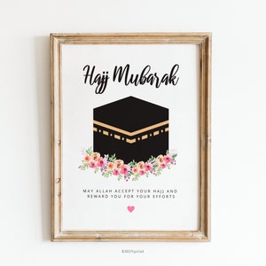 Hajj Mubarak Floral Islamic Printable Greeting Cards, Hadj Hajj Gift Mabrour Mabroor Flowers Kaaba Kaba Mecca Umrah Decoration Party Gold