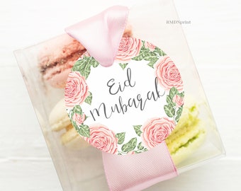 Floral Eid Round Gift Tags Printable 2", Eid Mubarak Circle Gifts Tag Stickers Cupcake Toppers Flowers Pink Decoration Roses Labels Kids