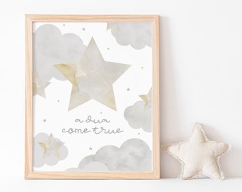 A Dua Come True Print, Supplication Grey Blessing Dream Came, Muslim Baby Newborn Kids Baby Room Nursery Stars Wall Art Printable Poster