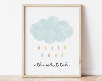 Alhamdulilah Cloud Print, Alhamdulillah Clouds Rain Raindrops Islamic Baby Room Nursery Decor Canvas Printable, Al Hamdulilah Sign Wall Art
