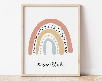Bismillah Rainbow Print, Bismilah Basmala Polka Dot Pastel Stars Boy Girl Baby Room Nursery Decor Printable, In The Name of Allah Wall Art