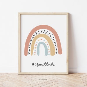 Bismillah Regenbogen Druck, Bismilah Basmala Pastell Sterne Junge Mädchen Babyzimmer Dekor druckbar, Im Namen Allahs Wandkunst