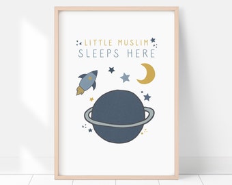 Little Muslim Sleeps Here Print, Dark Blue Navy Outer Space Universe Printable Poster, Nursery Stars Planet Moon Baby Boy Bedroom Kids Art