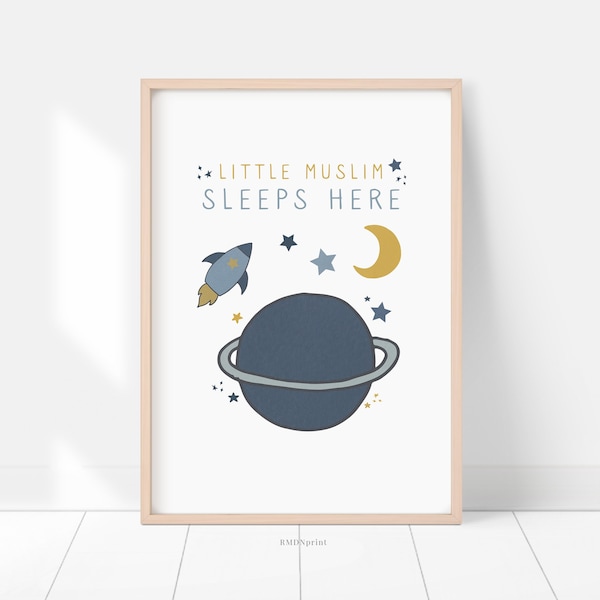 Little Muslim Sleeps Here Print, Dark Blue Navy Outer Space Universe Printable Poster, Nursery Stars Planet Moon Baby Boy Bedroom Kids Art