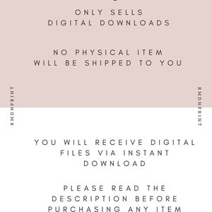 May include: A digital download announcement with the text "RMDNprint" and the message "ONLY SELLS DIGITAL DOWNLOADS." The text also states that no physical item will be shipped and that digital files are received via instant download. The background is a light pink.