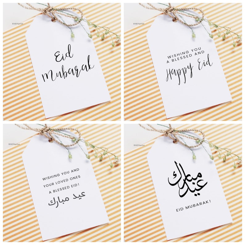 4x Eid Gift Tags Printable 2 x 3.5, Eid Mubarak Gifts Tag Set Eid ul Fitr Adha Ramadan Decoration Decor Banner Islam Arabic Labels Kids image 1