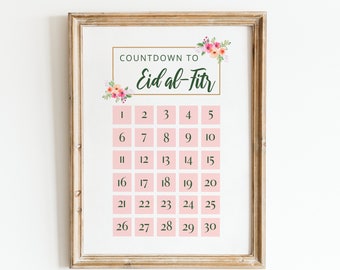 Floral Countdown To Eid Al Fitr Printable, Calendar Calender Ramazan Decoration Planner Mubarak Pink Islamic Kids Gift Wall Art Home Decor