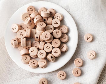 Wooden letter round beads for dummy chain 15 mm made of organic beech letter beads, free from BPA, PVC, lead, phthalate latex & cadmiumnice,