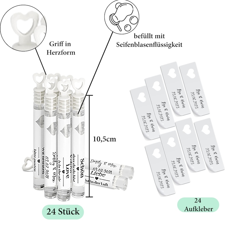 Seifenblasen Hochzeit 24er Set mit Name Datum personalisierte Sticker Etikett Aufkleber Wedding Bubbles Guest Gifts Gastgeschenk Hochzeit Bild 2