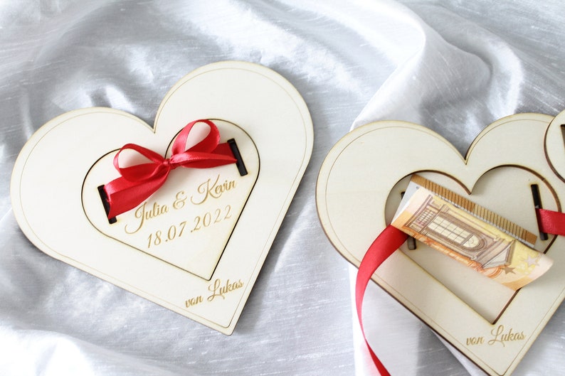 Money gift wedding personalized heart shape made of wood with ribbon personalizable wedding gift for bride and groom wedding gift image 9