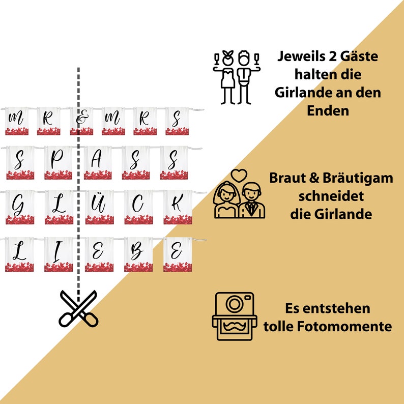 Girlande zum schneiden Hochzeit inkl. Schlaufe zum festhalten Wimpelkette Hochzeitsspiel Braut Bräutigam schneiden Mr&Mrs LIEBE GLÜCK SPASS Bild 2