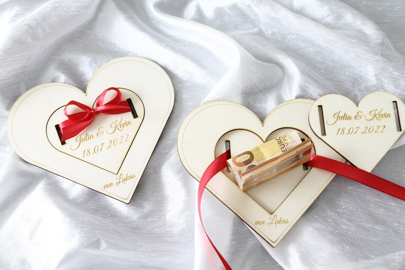Money gift wedding personalized heart shape made of wood with ribbon personalizable wedding gift for bride and groom wedding gift image 5