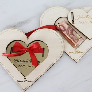 Money gift wedding personalized heart shape made of wood with ribbon personalizable wedding gift for bride and groom wedding gift Goldplatte