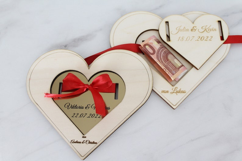 Money gift wedding personalized heart shape made of wood with ribbon personalizable wedding gift for bride and groom wedding gift Goldplatte