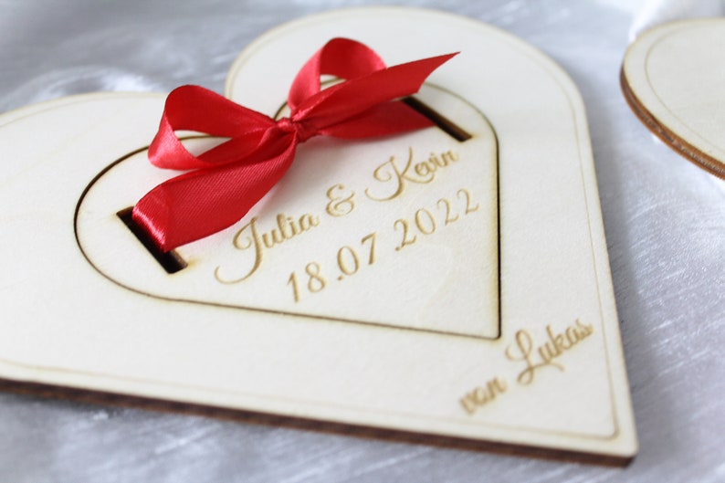 Money gift wedding personalized heart shape made of wood with ribbon personalizable wedding gift for bride and groom wedding gift image 3