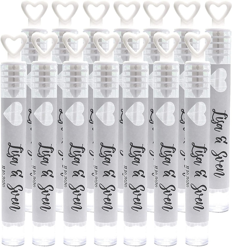 Seifenblasen Hochzeit 24er Set mit Name Datum personalisierte Sticker Etikett Aufkleber Wedding Bubbles Guest Gifts Gastgeschenk Hochzeit Name + Datum